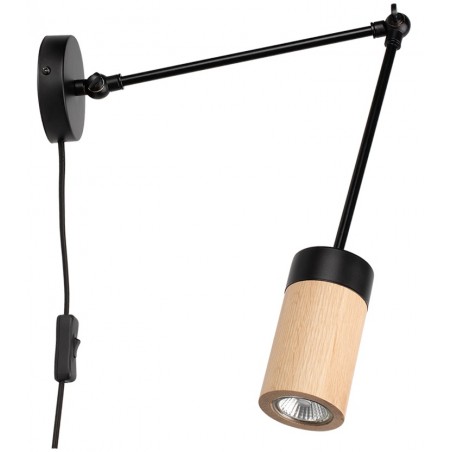 Nowoczesna lampa ścienna z regulowanym ramieniem Annick włącznik na przewodzie drewno czarny metal do salonu sypialni