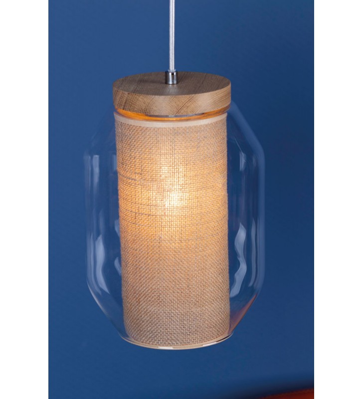 Potrójna lampa wisząca nad stół Vaso Jute drewno klosze bezbarwne szkło wewnątrz beżowy abażur 3xE27 Britop
