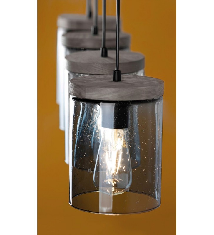 Drewniana lampa wisząca nad stół 1m Monsun 4 szklane dymione klosze w krople wody do jadalni