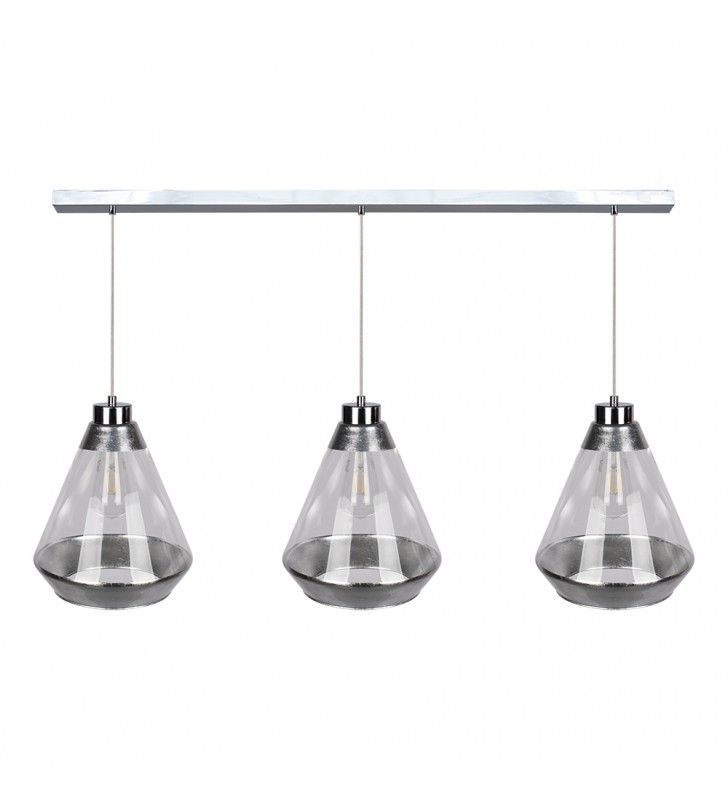3 zwisowa lampa Mistral szklane bezbarwne klosze ze srebrnym dekorem do jadalni kuchni salonu