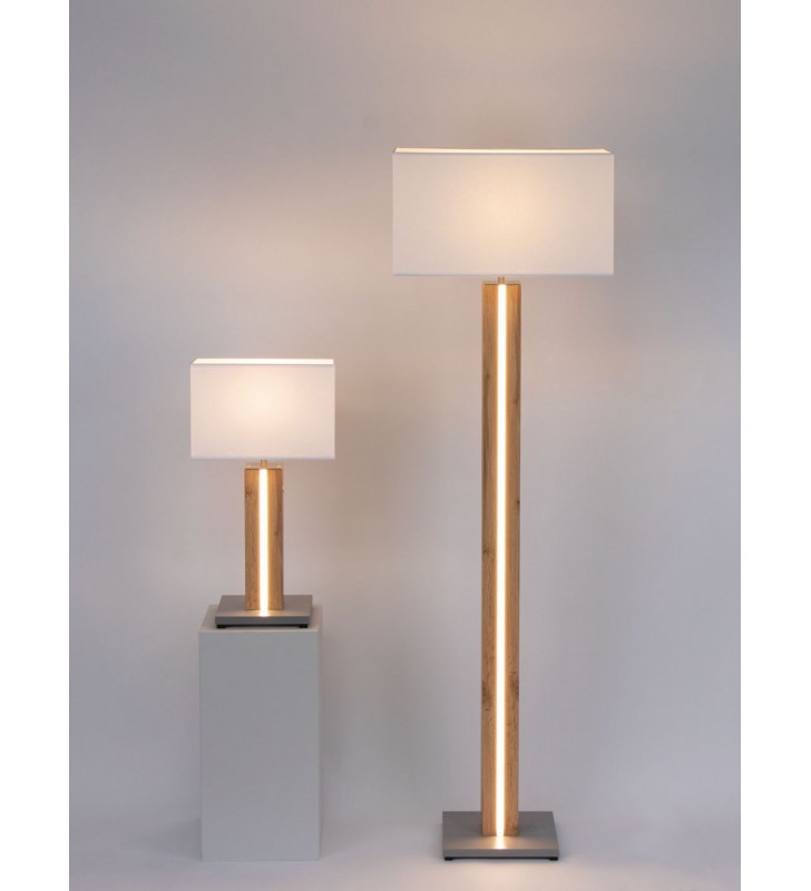 Lampa stojąca Flame drewniana podstawa z LED biały prostokątny abażur ściemniacz