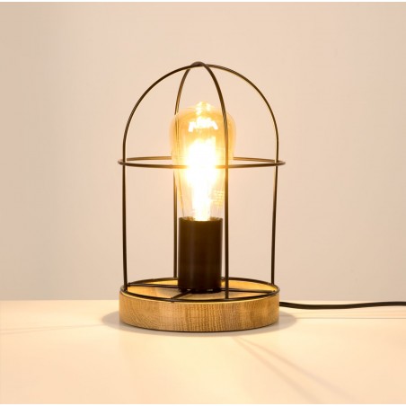 Mała lampka stołowa w stylu loftowy Netuno drewno czarny metal np. do pokoju młodzieżowego