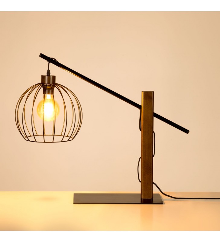 Mandarine nowoczesna czarna lampa stołowa z elementami z drewna