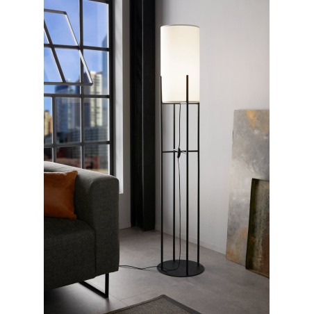 Czarna lampa stojąca z białym abażurem Glastonbury metalowa podstawa z prętów do salonu sypialni włącznik na przewodzie