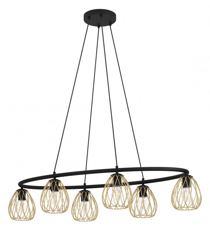 Duża owalna lampa wisząca do salonu Jazminia1 czarna obręcz z 6 drucianymi kloszami w kolorze mosiądzu