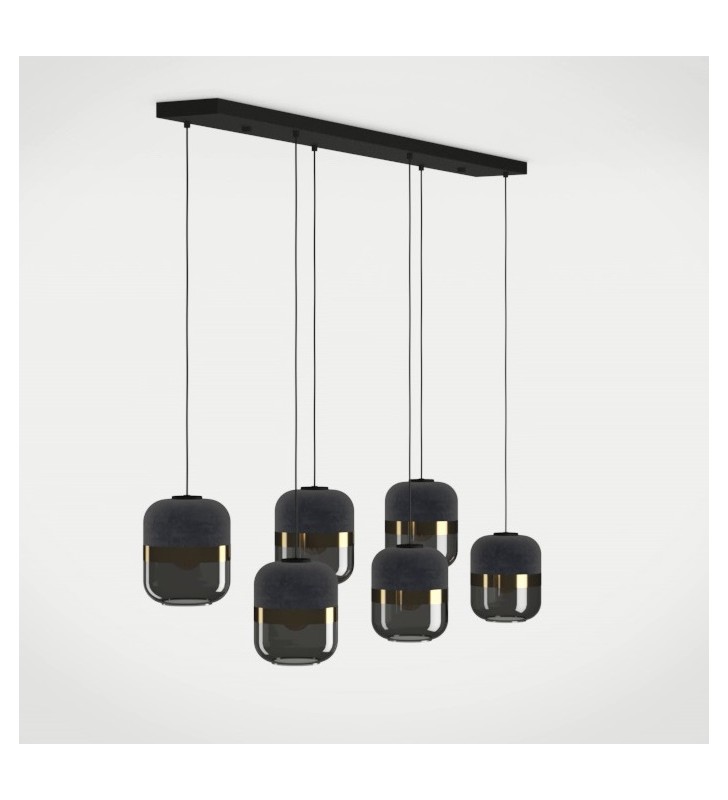 Stylowa 6 zwisowa czarna lampa Sinsiga szklane klosze ze złotym dekorem i aksamitną materiałową powłoką nad stół 6xE27