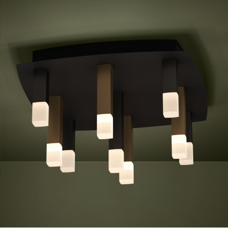 Kwadratowa czarna lampa sufitowa Estanterios LED  z 9 wąskimi kloszami czarny złoty brązowy możliwość ściemniania