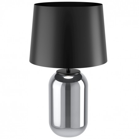 Wysoka lampa stołowa Cuite podstawa szklana czarna transparentna klosz czarny metalowy na komodę