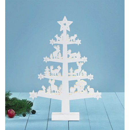 Biała choinka z drewna Prince dekoracja świąteczna do postawienia na półce parapecie na baterie