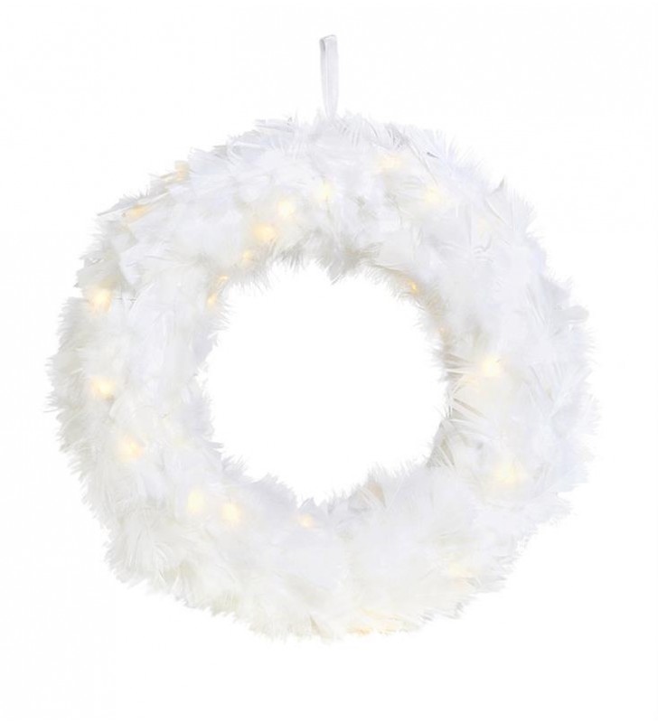 Biały dekoracyjny wieniec z podświetleniem z piór Feather 35cm