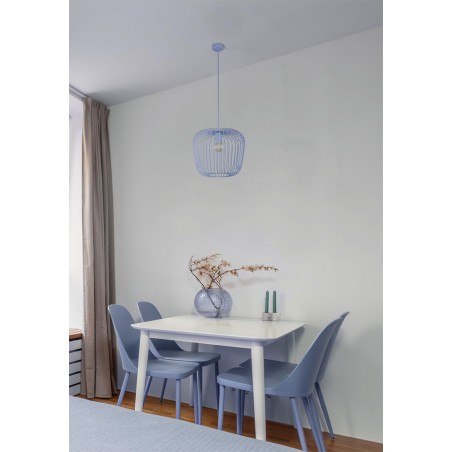Druciana niebieska lampa wisząca Eden z widoczną żarówką np. do pokoju dziecka do jadalni salonu