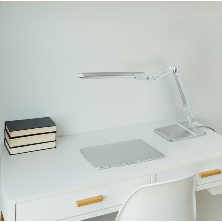 Lampa biurkowa LED biało srebrna Mica regulacja barwy światła ściemniacz styl nowoczesny