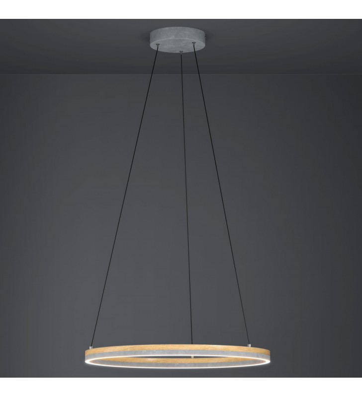 Lampa wisząca Cadinaro LED pojedyncza obręcz szary metal drewno 60cm możliwość ściemniania