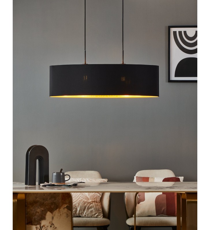 Czarna owalna podłużna lampa wisząca z abażurem nad stół Zaragoza wnętrze złote z geometrycznym wzorem