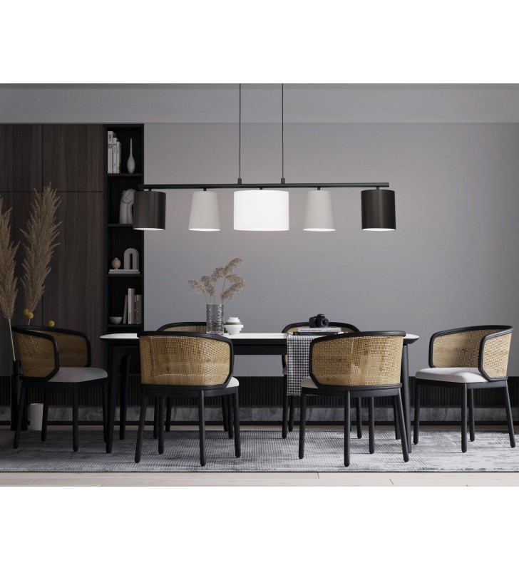 Lampa wisząca Almeida1 podłużna czarna 5 punktowa kolorowe abażury w różnych kształtach do kuchni jadalni nad stół do salonu