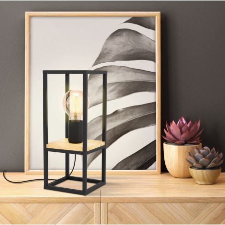 Nowoczesna lampa stołowa Libertad z czarnych profili z drewnianym panelem na komodę