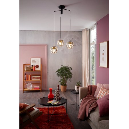 Mirtazza 3 zwisowa lampa do salonu sypialni jadalni klosze ażurowe w kolorze szampana metal