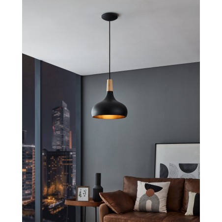 Lampa wisząca Sabinar 28cm klosz czarny metal z drewnem do salonu do kuchni jadalni nad stół
