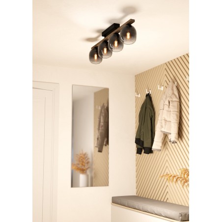 Filago nowoczesna podłużna oprawa sufitowa do sypialni do przedpokoju drewno czarny metal 4 cieniowane klosze ze szkła