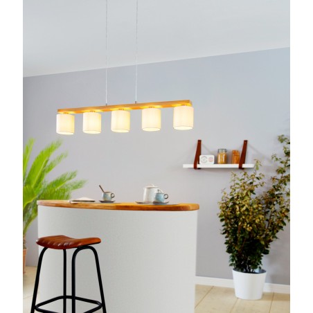 Długa 120cm lampa wisząca nad stół bar wyspę drewno białe abażury 5xE27 styl boho skandynawski