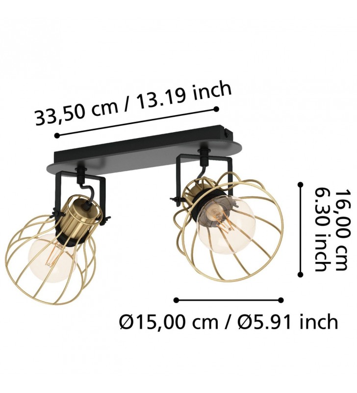 Lampa sufitowa Sambatello metal drewno 2 druciane mosiężne klosze czarny mosiądz