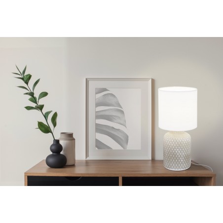 Lampa stołowa Bellariva szara ceramiczna podstawa z dekorem biały materiałowy abażur