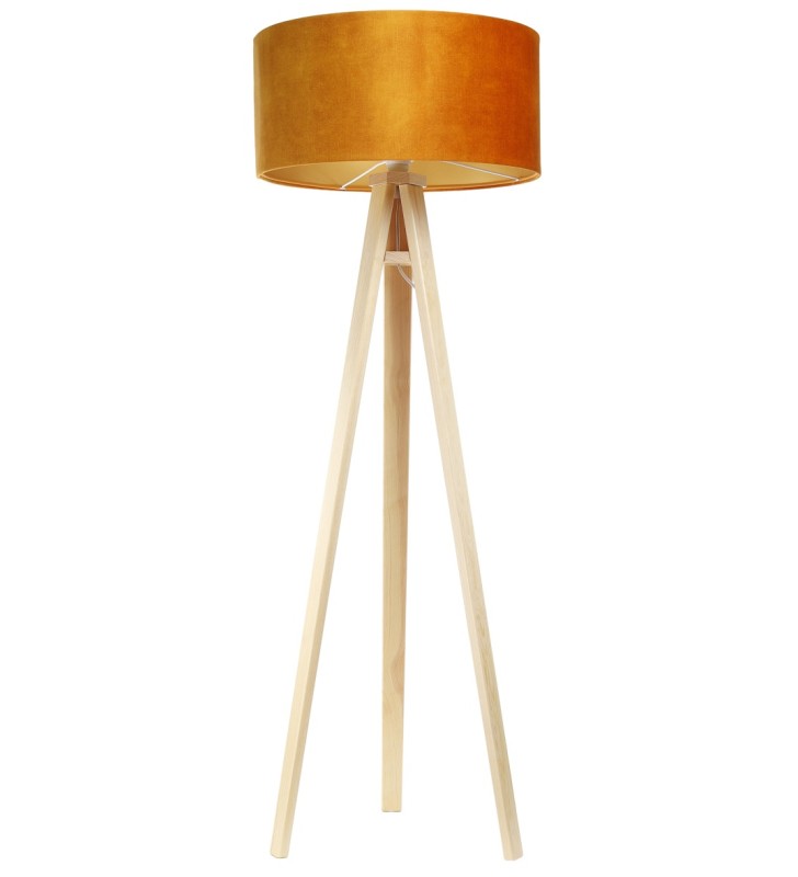 Pomarańczowa nowoczesna lampa podłogowa na drewnianym trójnogu Ginger