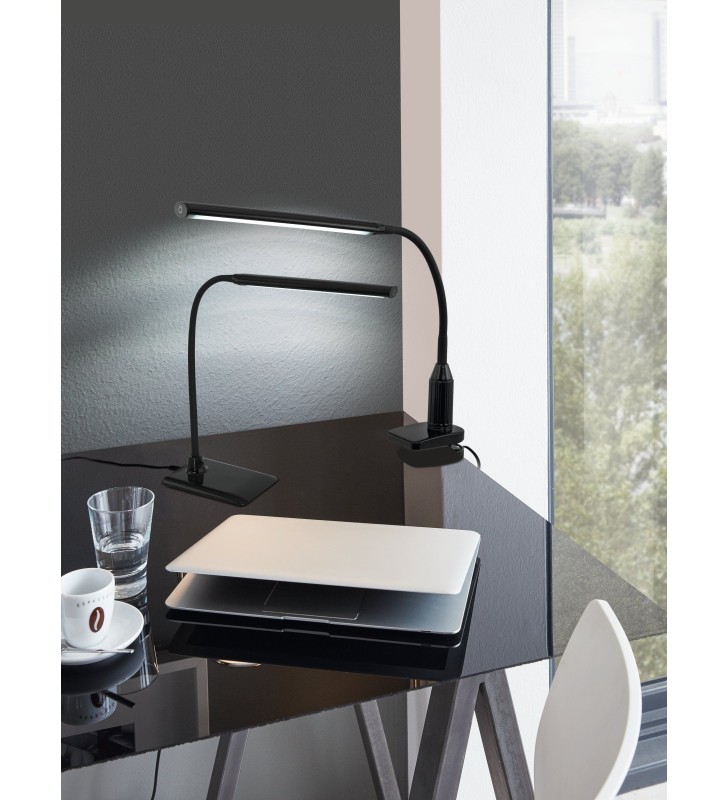 Czarna lampa biurkowa z klipsem Laroa LED podłużny klosz giętkie ramię włącznik dotykowy na kloszu