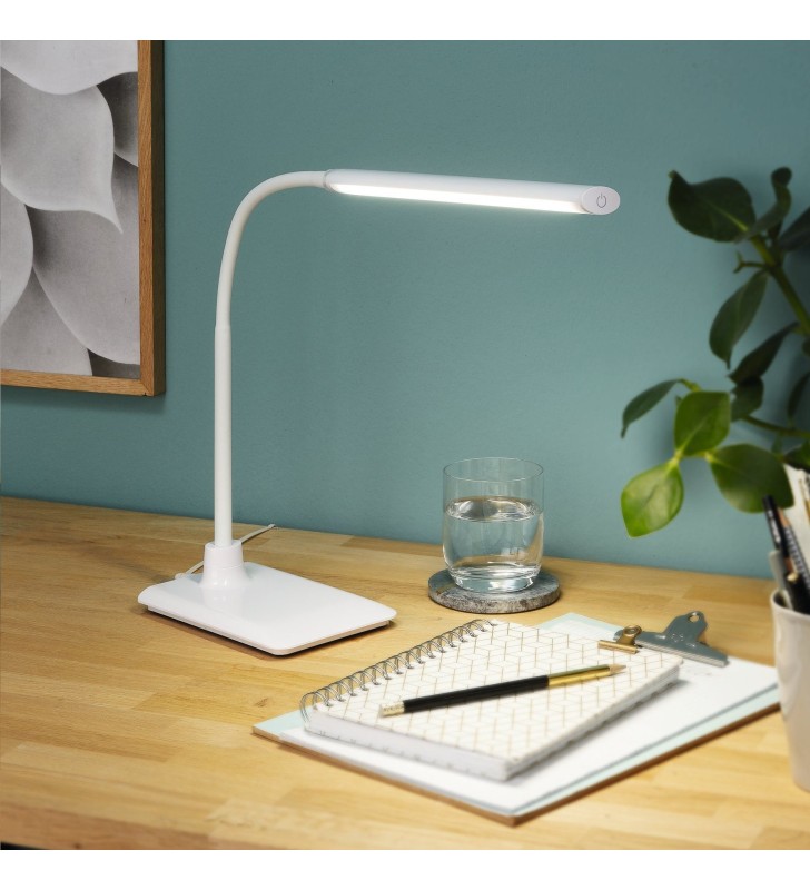 Biała lampka biurkowa Laroa LED naturalna barwa światła podłużny klosz giętkie ramię włącznik dotykowy na kloszu