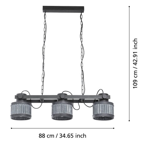 Turrock industrialna masywna 3 pkt lampa wisząca na łańcuchach nad stół czarna z szarym wykończeniem kloszy