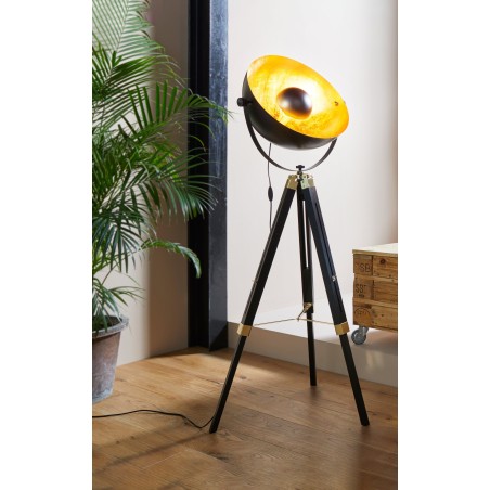 Czarno złota lampa podłogowa Covaleda trójnóg jak antena ruchomy klosz styl loftowy industrialny