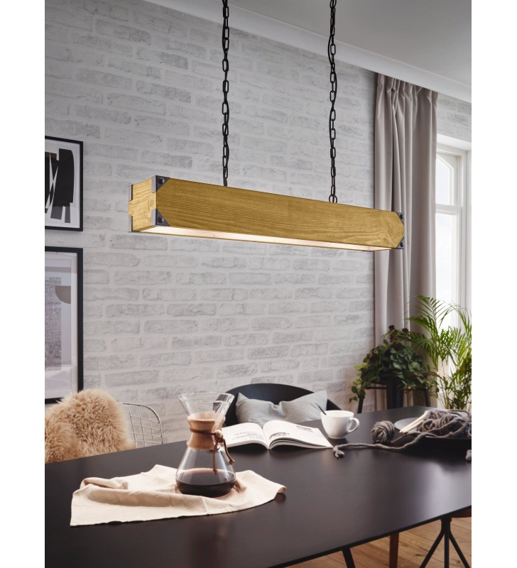 Industrialna loftowa lampa wisząca Harborough drewno metal na łańcuchach podłużna nad stół