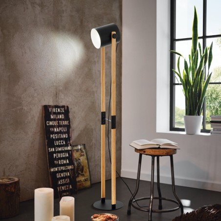 Lampa podłogowa Hornwood loftowa nowoczesna drewno czarny metal do biura salonu sypialni ruchomy klosz