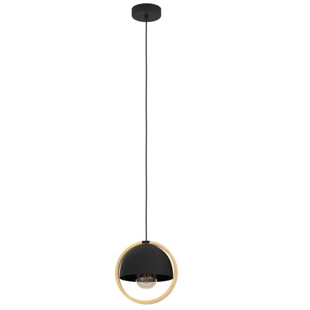 Pojedyncza loftowa lampa wisząca Callow czarna metalowa z drewnianą obręczą