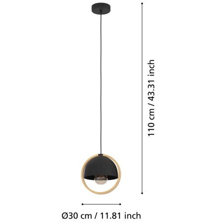 Pojedyncza loftowa lampa wisząca Callow czarna metalowa z drewnianą obręczą