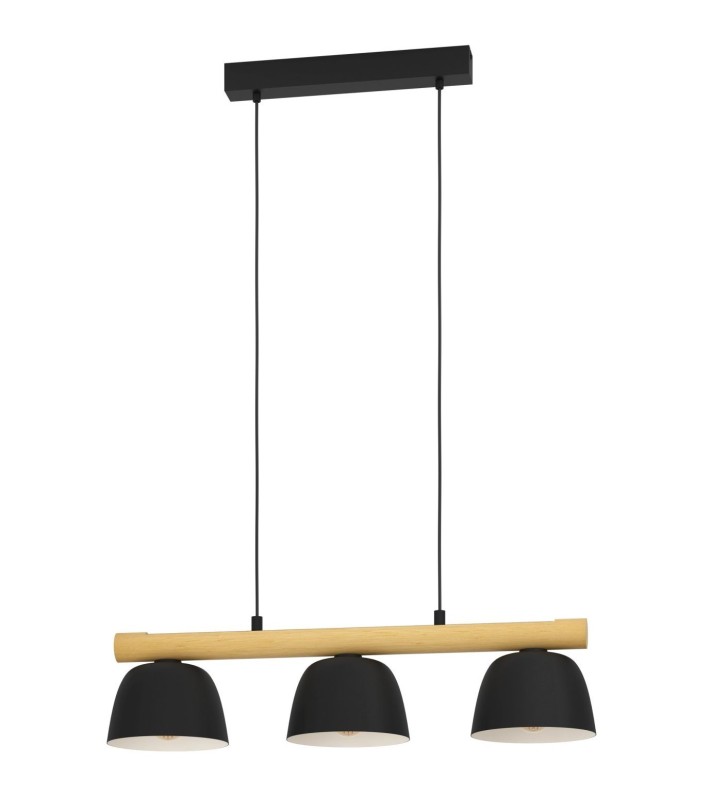 Lampa wisząca Sherburn drewniana belka 3 czarne klosze styl loft