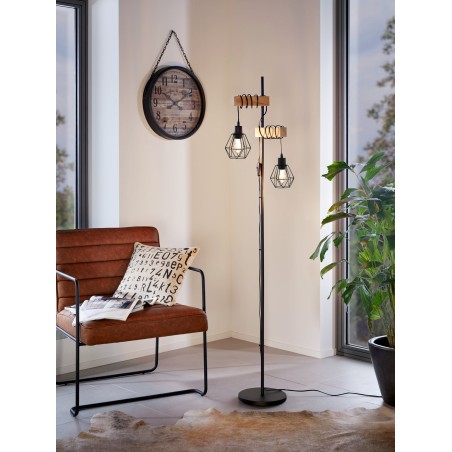 Lampa podłogowa Townshend5 2 klosze z drutu czarny metal drewno do sypialni salonu loft