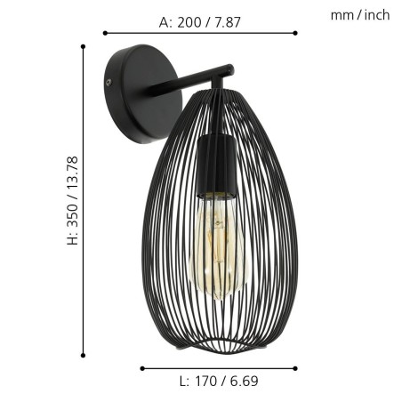Lampa ścienna Clevedon czarna nowoczesna loft klosz pękaty z drutu do salonu kuchni