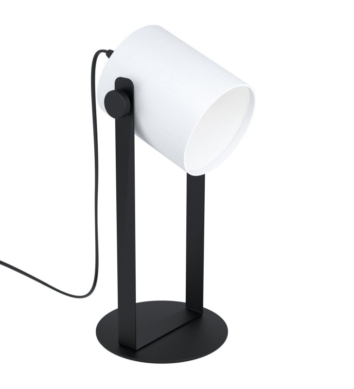 Lampa stołowa Hornwood1 czarna nowoczesna z białym abażurem metal drewno tkanina