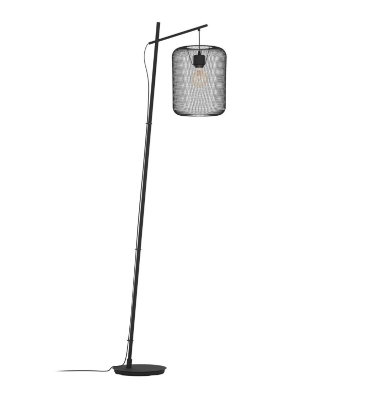 Loftowa czarna lampa stojąca Wrington klosz metalowa siatka do salonu sypialni włącznik podłogowy na kablu