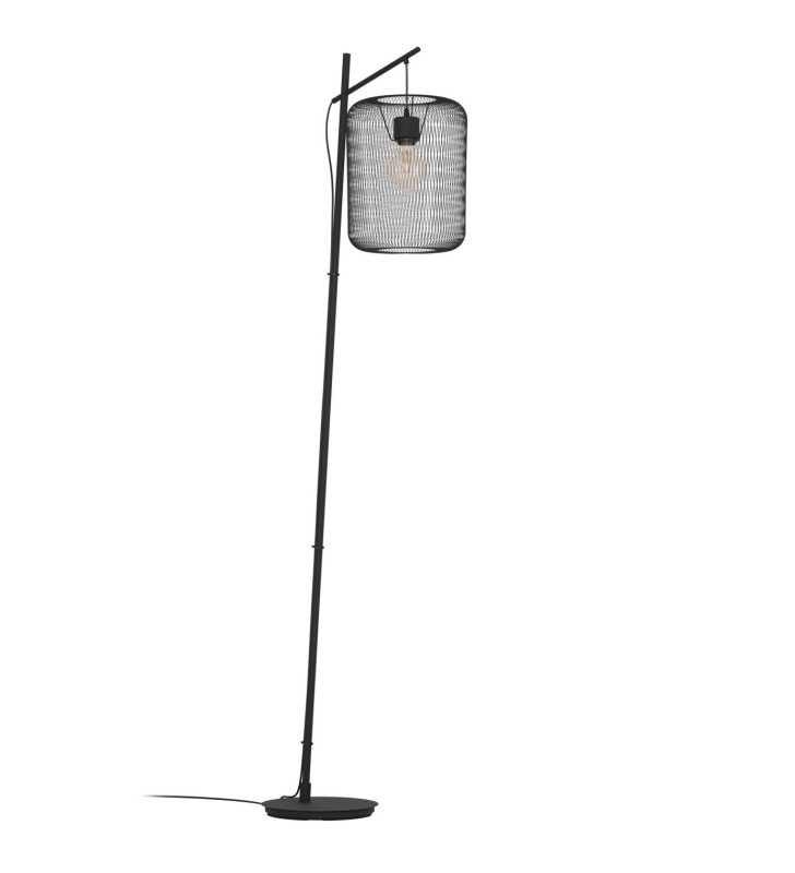 Loftowa czarna lampa stojąca Wrington klosz metalowa siatka do salonu sypialni włącznik podłogowy na kablu
